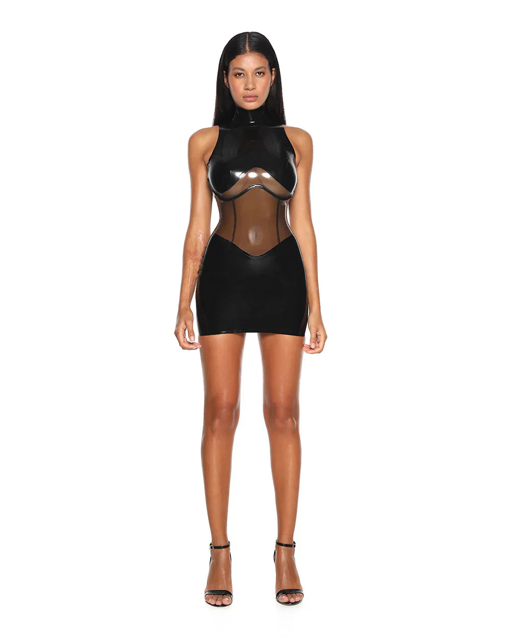 A model is shown wearing the black casey latex dress standing in front of a white background.