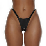 A model's waist is shown wearing the Black Stella panties standing against a white background. A stainless-steel decorative piercing is attached to the panties