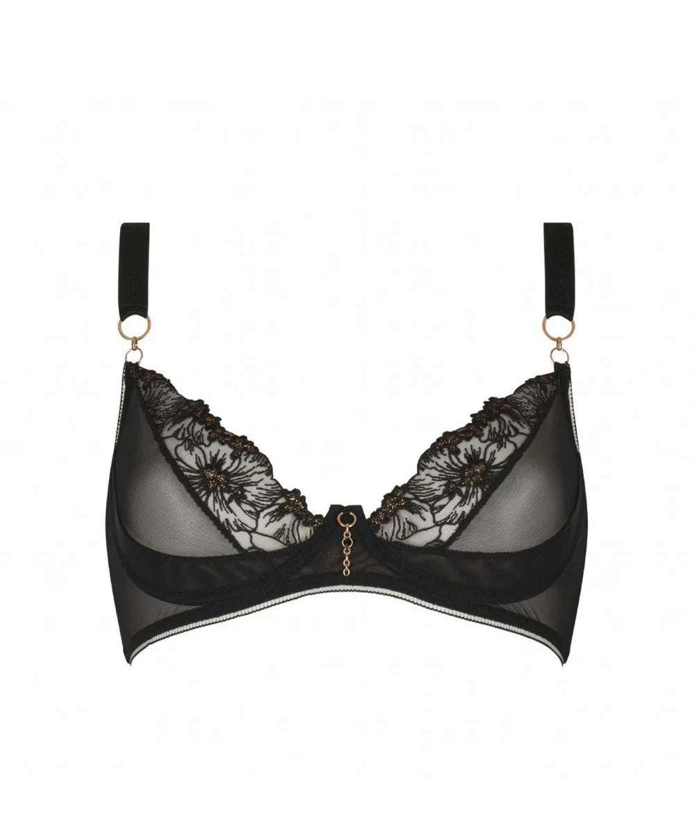 a mesh and embroidered black bra on a white background