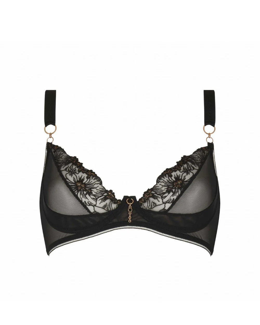 a mesh and embroidered black bra on a white background