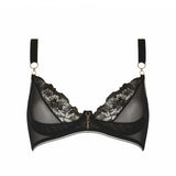 a mesh and embroidered black bra on a white background