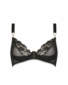 a mesh and embroidered black bra on a white background