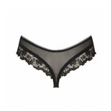 Back View of black lace thong on a white background