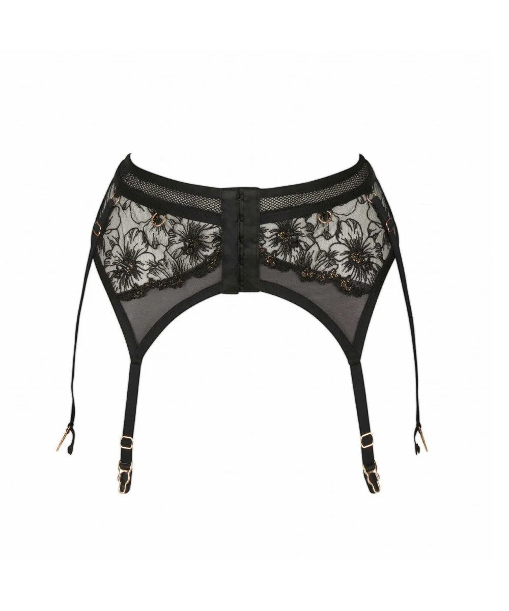 Black lace lingerie garter on a white background