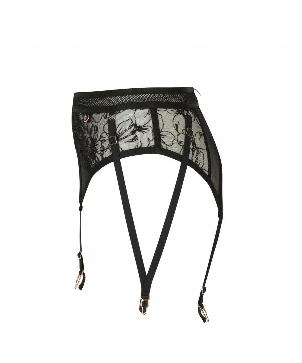 Black lace garter belt with floral design on a white background