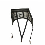 Black lace garter belt with floral design on a white background