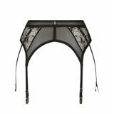 Black lace lingerie set on a white background