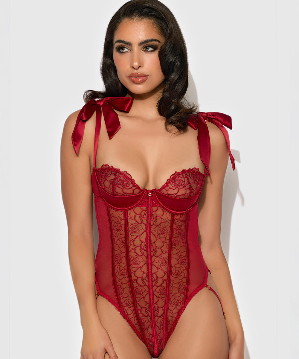 Rosalie Rouge Strappy Lace Teddy on a model with brown hair against a white background.