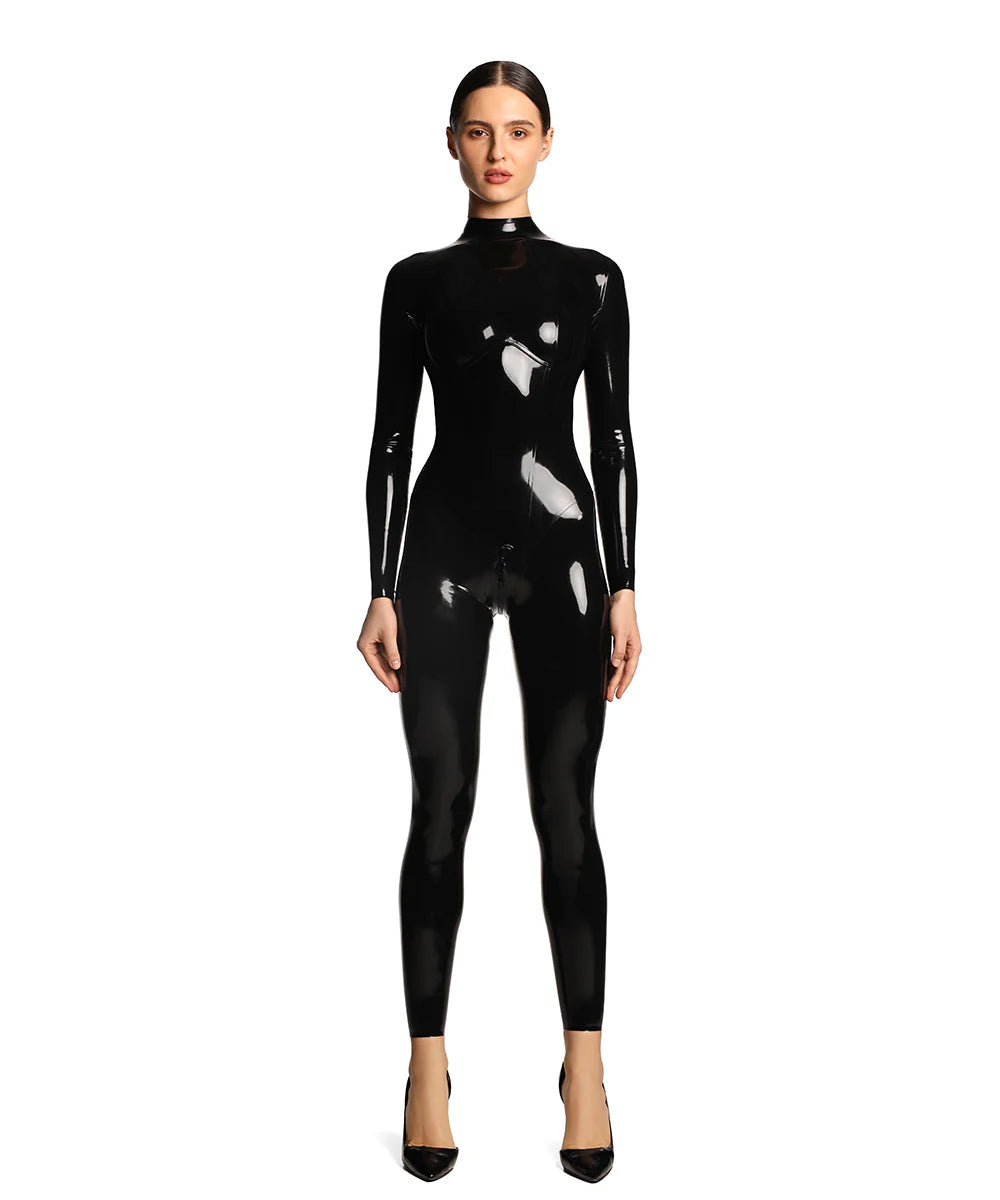 A model is shown wearing the Black kinetic latex catsuit in front of a white background.