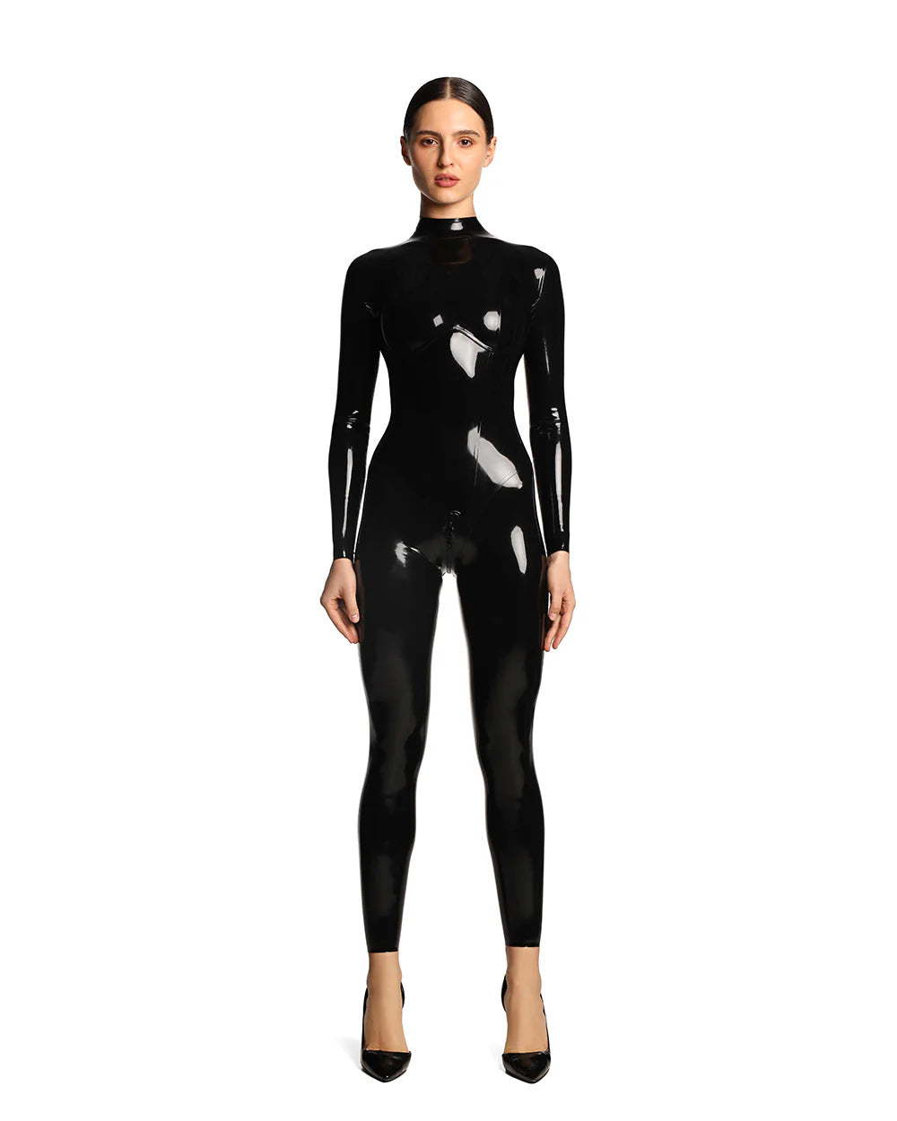 A model is shown wearing the Black kinetic latex catsuit in front of a white background.
