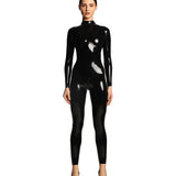 A model is shown wearing the Black kinetic latex catsuit in front of a white background.