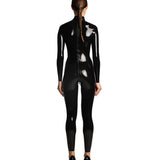 The back of a model is shown wearing the Black kinetic latex catsuit in front of a white background.
