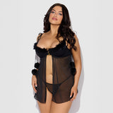 A model is shown wearing the marilyn maribou babydoll and G-string set against a white background.