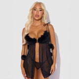 A model is shown wearing the marilyn maribou babydoll and G-string set against a white background.