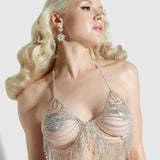 Woman wearing a sparkling, sheer outfit with intricate detailing on a white background