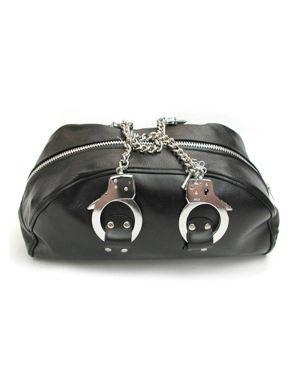 The leather doctor bag with handcuff handles is shown on a white background
