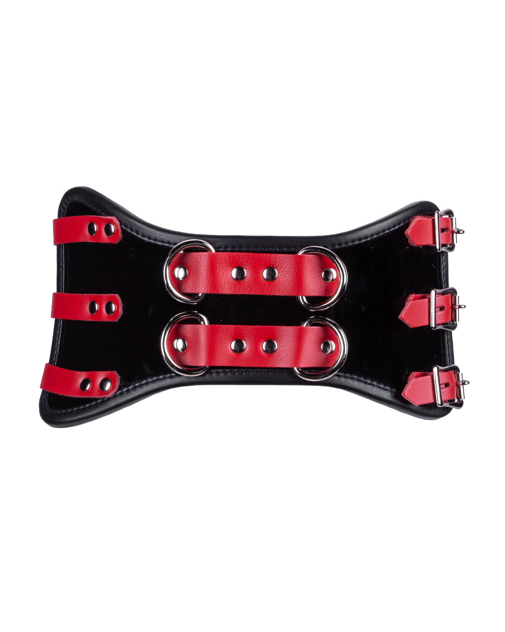 A close-up of the Firecracker Patent Leather Waist Cincher is shown.  3 rows of red buckles connect the edges of the waist cincher.