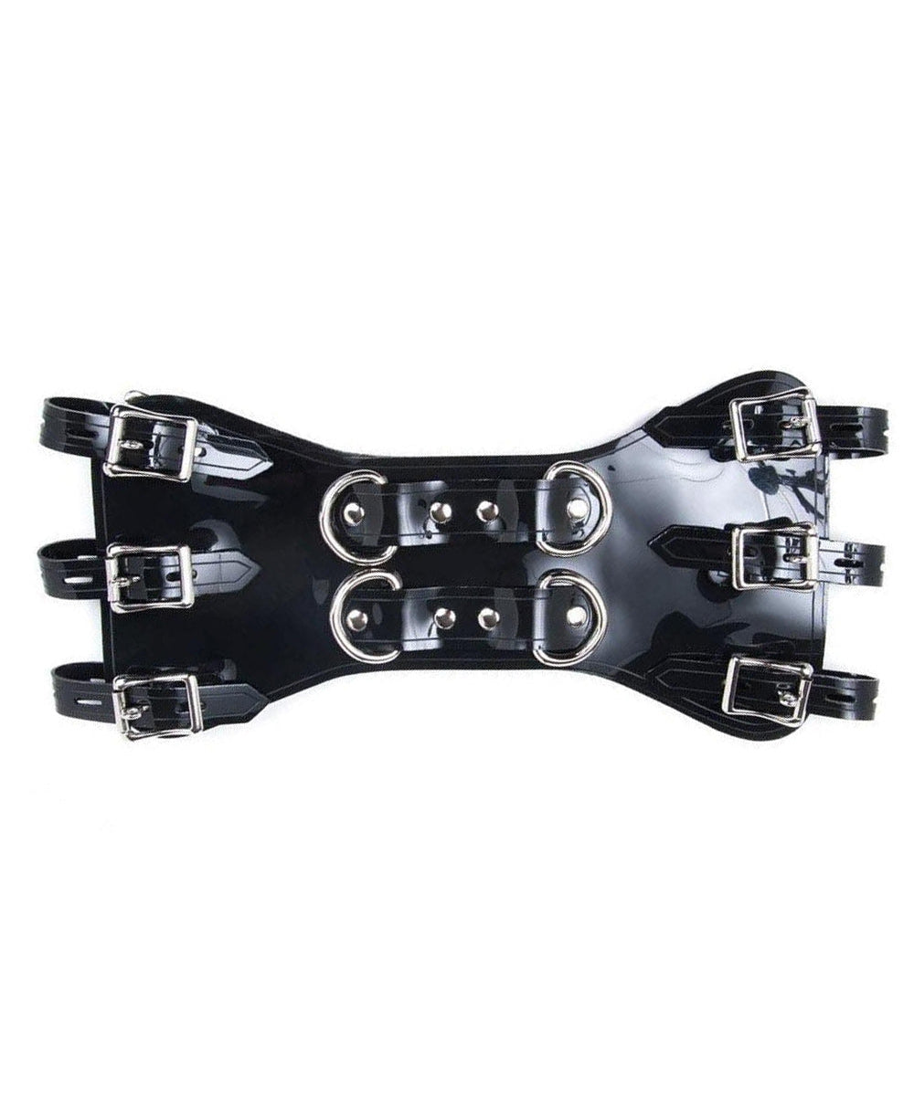 The  Black PVC Waist Cincher is displayed against a blank background. It is made of shiny PVC and silver metal hardware, including lockable buckles and D-rings.