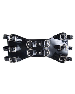The  Black PVC Waist Cincher is displayed against a blank background. It is made of shiny PVC and silver metal hardware, including lockable buckles and D-rings.