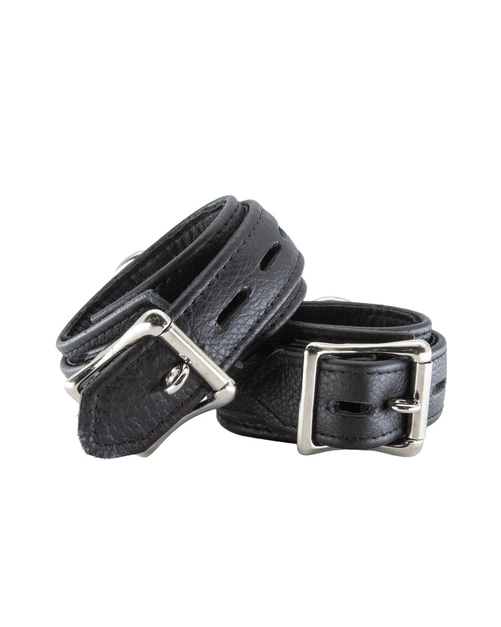 A pair of Premium Garment Leather Wrist Cuffs in black are shown from the back against a blank background. The cuffs are made of black leather with silver hardware. They each have a D-ring and a lockable metal buckle.