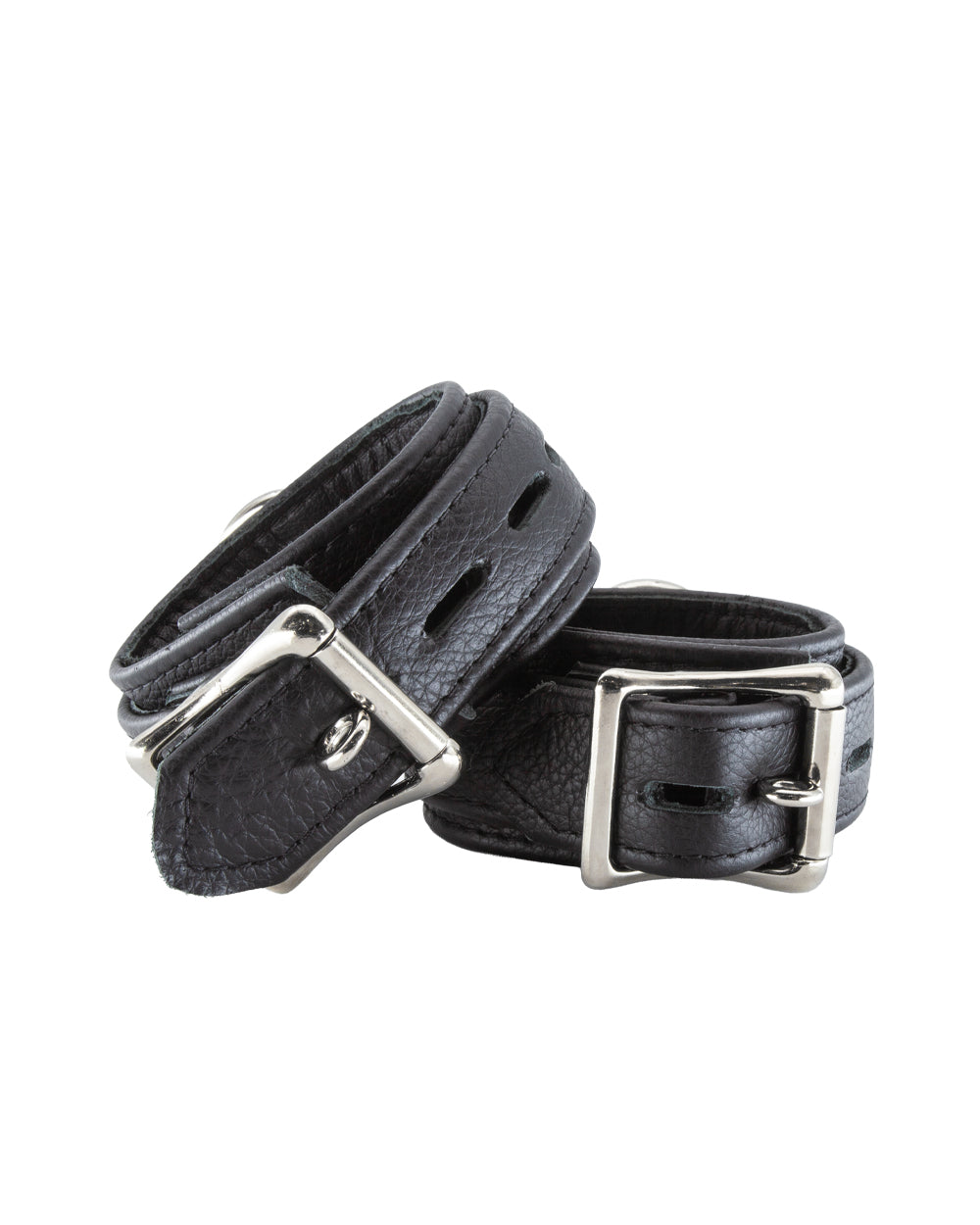 The back of the black premium garment leather ankle cuffs are show against a white background