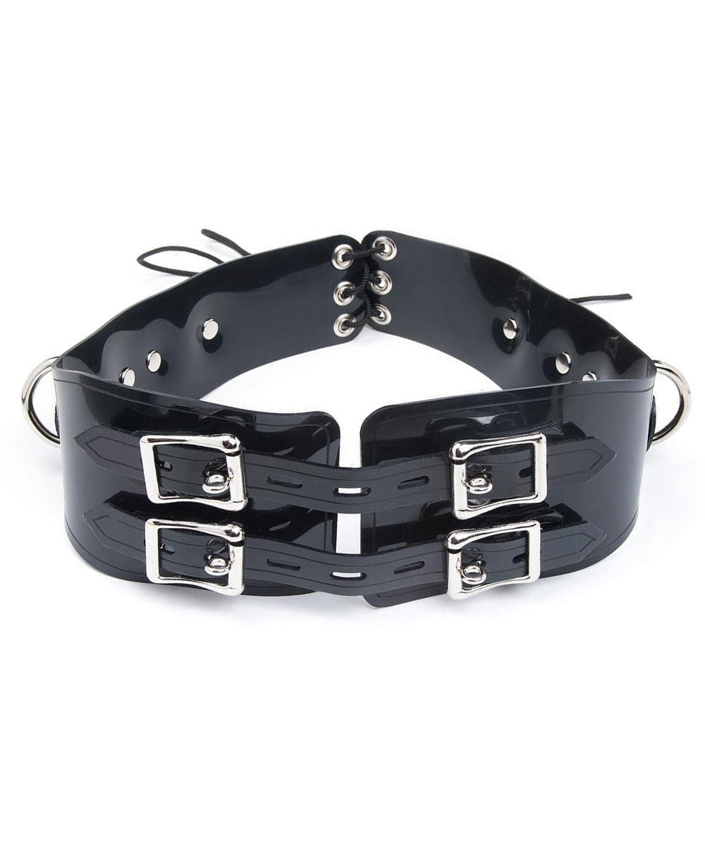 The Lockable Waist Cincher Belt is shown against a blank background. It is made of two separate pieces of black PVC, which buckle together in the front and lace together in the back. Each piece has 2 buckles stacked vertically. The hardware is metal.