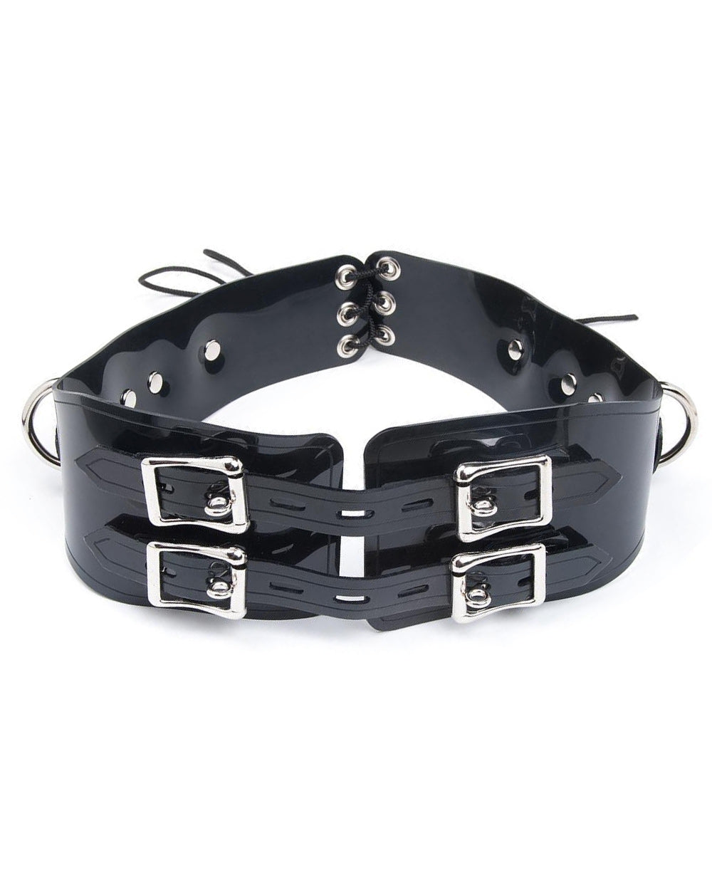 The Lockable Waist Cincher Belt is shown against a blank background. It is made of two separate pieces of black PVC, which buckle together in the front and lace together in the back. Each piece has 2 buckles stacked vertically. The hardware is metal.