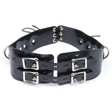 The Lockable Waist Cincher Belt is shown against a blank background. It is made of two separate pieces of black PVC, which buckle together in the front and lace together in the back. Each piece has 2 buckles stacked vertically. The hardware is metal.