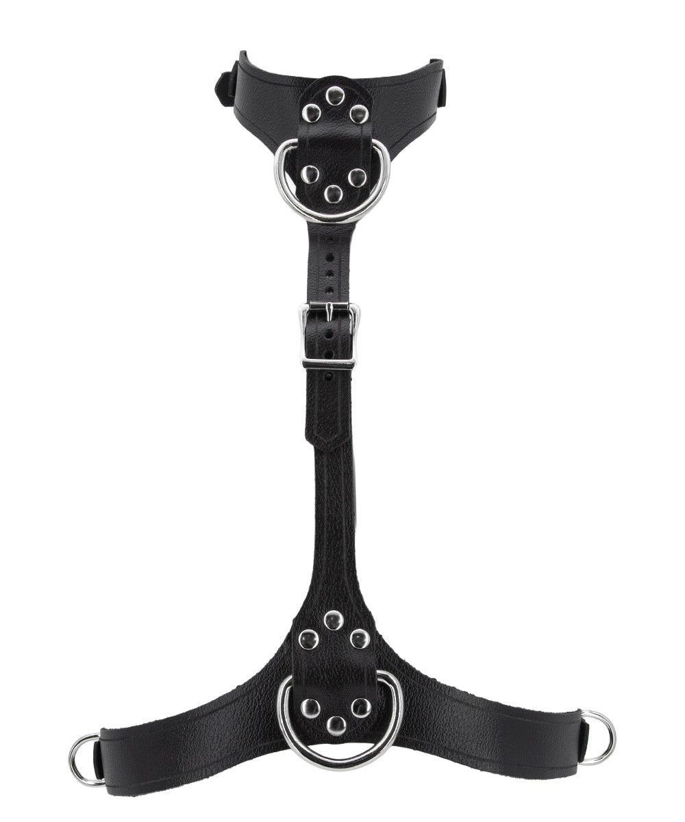 The leather Bust Harness is displayed against a blank background. It is made of black leather with silver hardware. The collar and underbust strap are both adjustable and buckle in the back. The middle strap also buckles and can be adjusted.