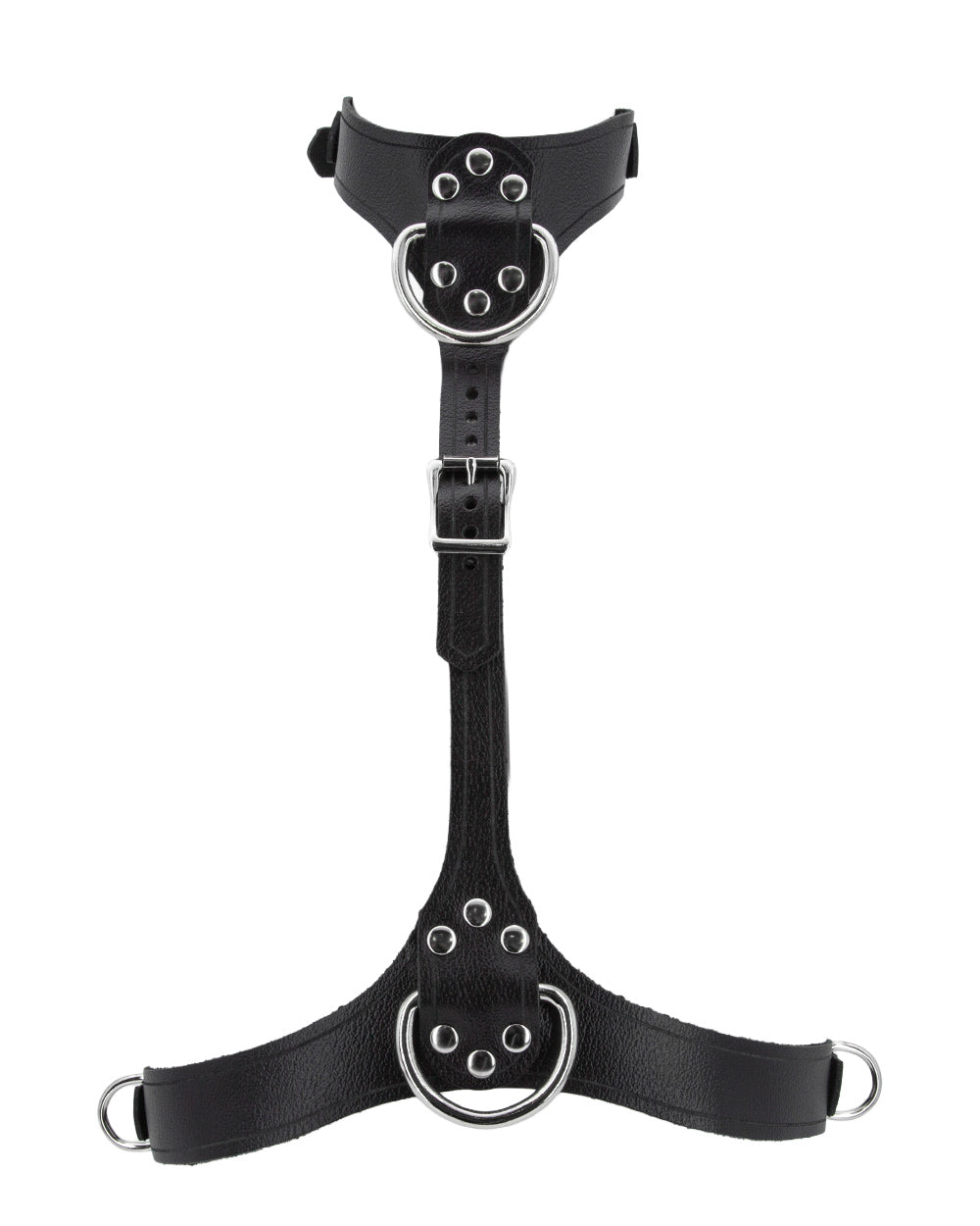 The leather Bust Harness is displayed against a blank background. It is made of black leather with silver hardware. The collar and underbust strap are both adjustable and buckle in the back. The middle strap also buckles and can be adjusted.
