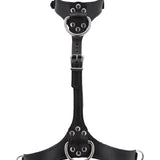 The leather Bust Harness is displayed against a blank background. It is made of black leather with silver hardware. The collar and underbust strap are both adjustable and buckle in the back. The middle strap also buckles and can be adjusted.