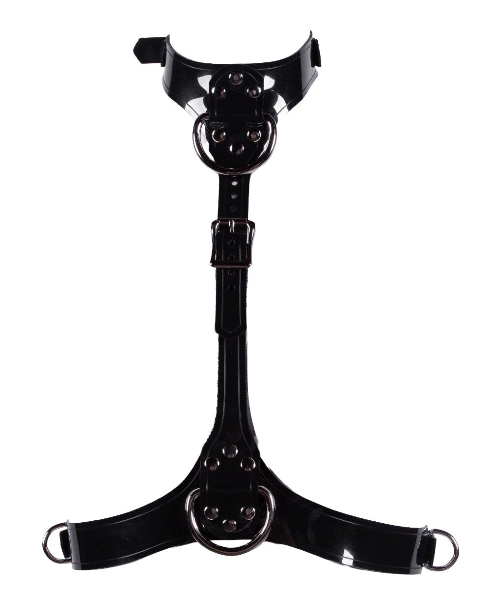 Black leather harness with a central buckle on a white background