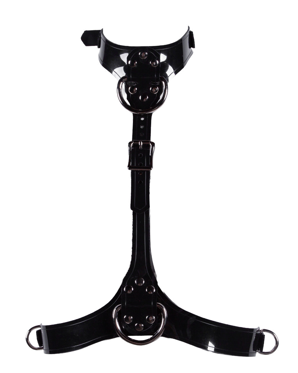 Black leather harness with a central buckle on a white background