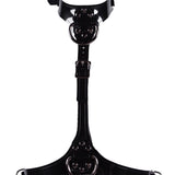 Black leather harness with a central buckle on a white background