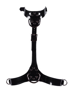 Black leather harness with a central buckle on a white background