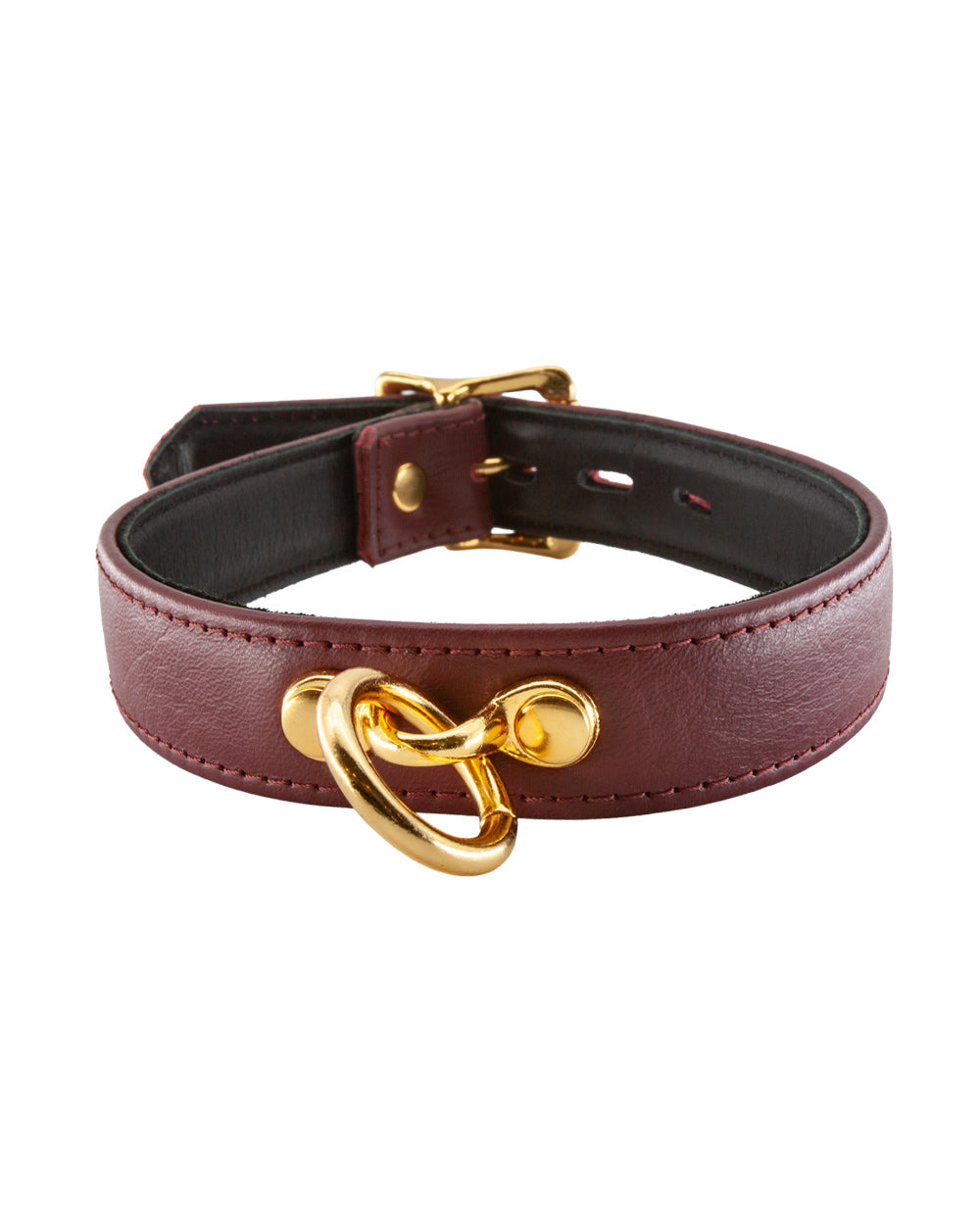 The JT Signature Collection Collar is displayed against a blank background. It is made of Bordeaux leather with gold hardware. The inside of the collar is lined in black leather. There is a small dangling O-ring in the center of the collar.