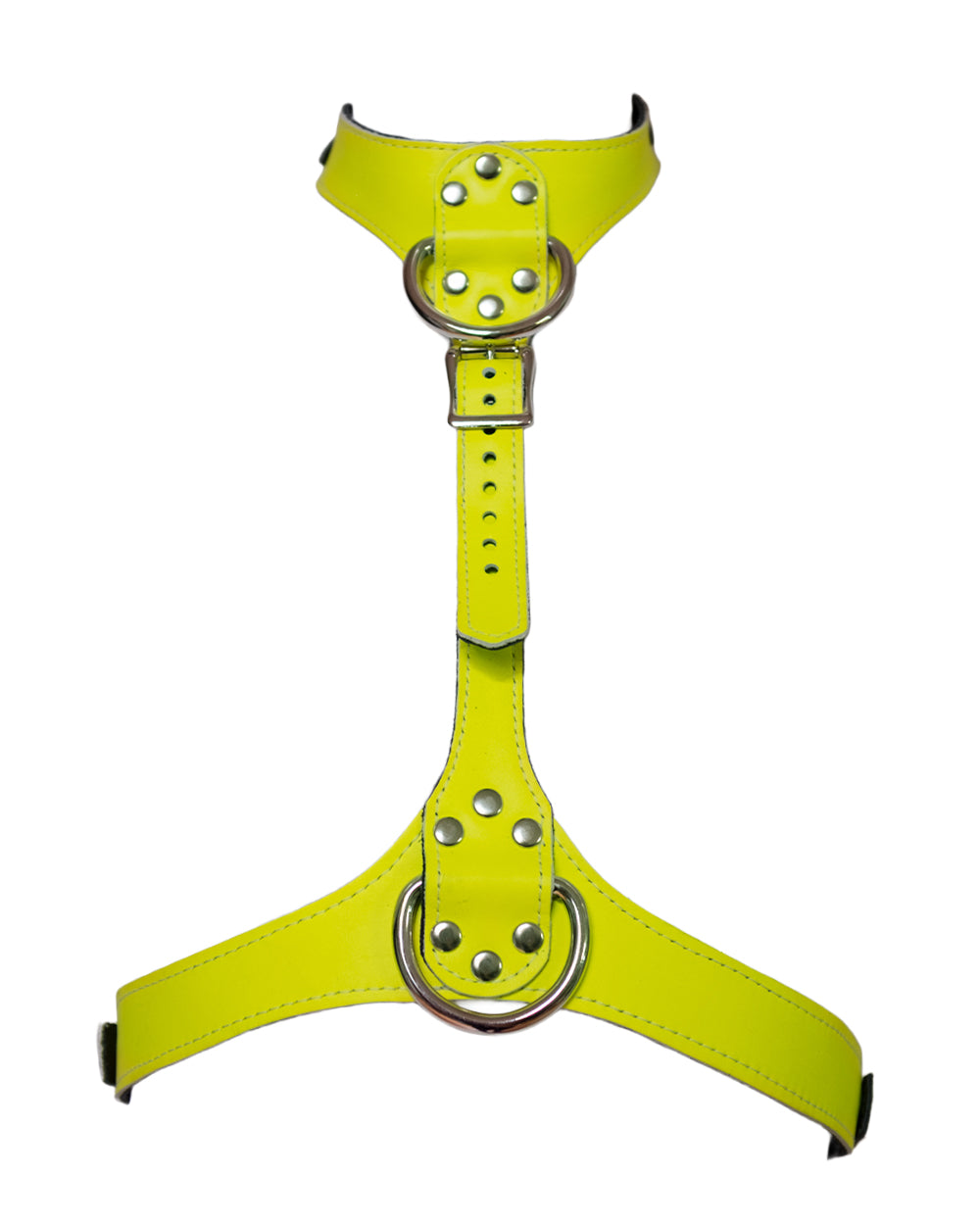 The neon angel yellow leather bust harness is shown on a white background