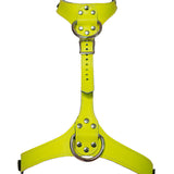 The neon angel yellow leather bust harness is shown on a white background
