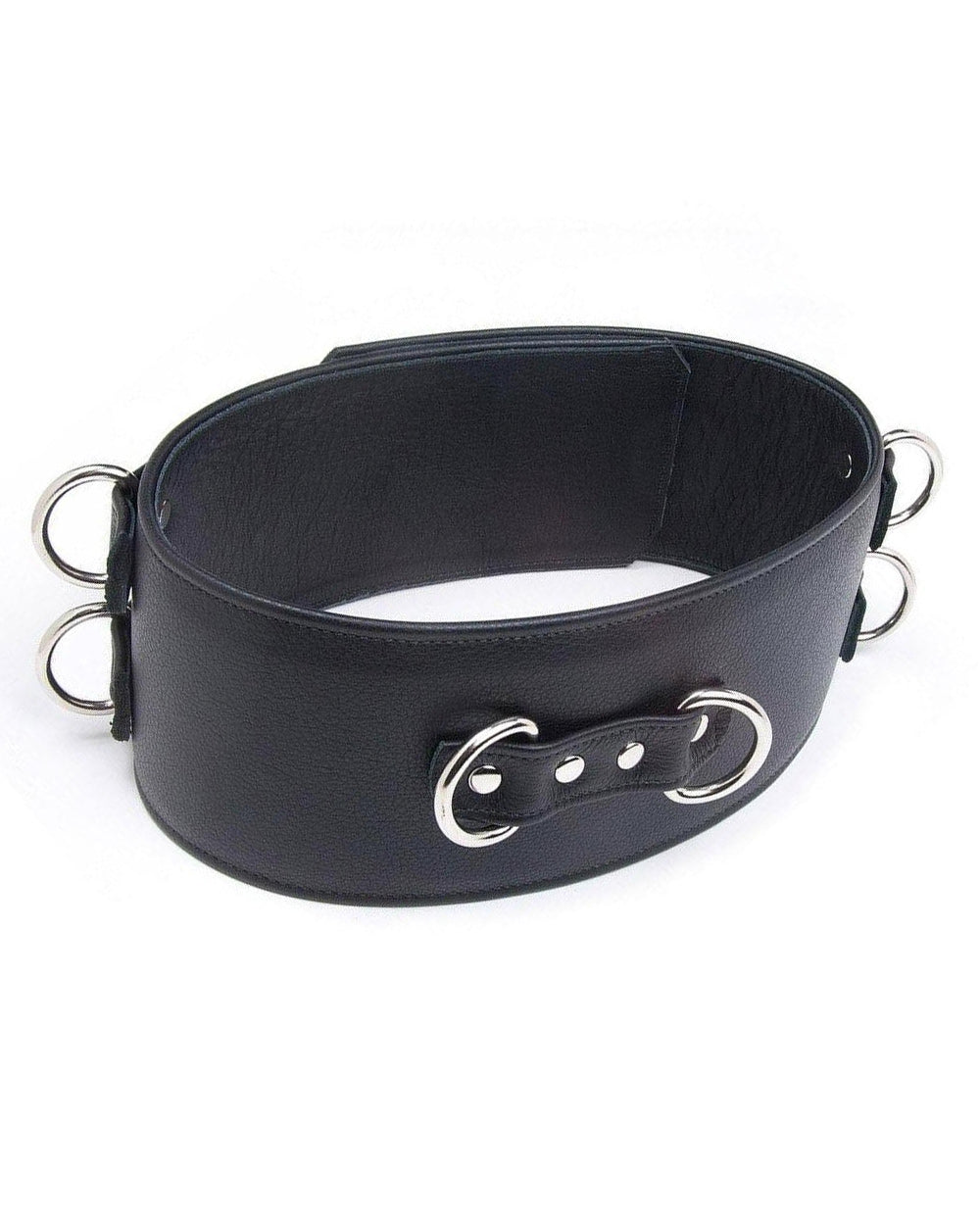 A black Premium Garment Leather Locking Waist Cuff is shown from the back against a blank background. The back of the cuff has two D-rings next to each other, centered in the middle of the cuff.
