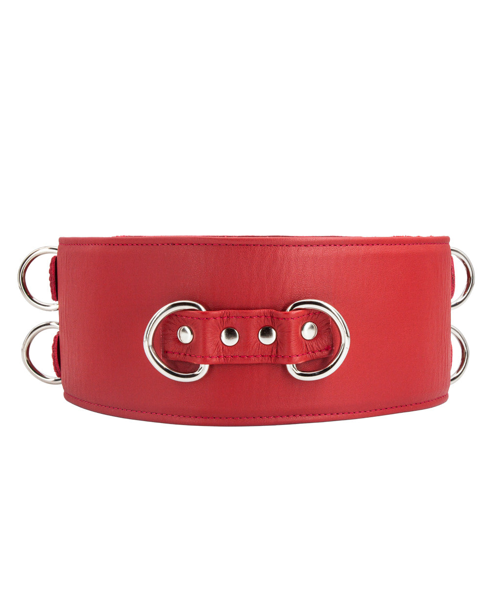 A red Premium Garment Leather Locking Waist Cuff is shown from the back against a blank background. The back of the cuff has two D-rings next to each other, centered in the middle of the cuff.