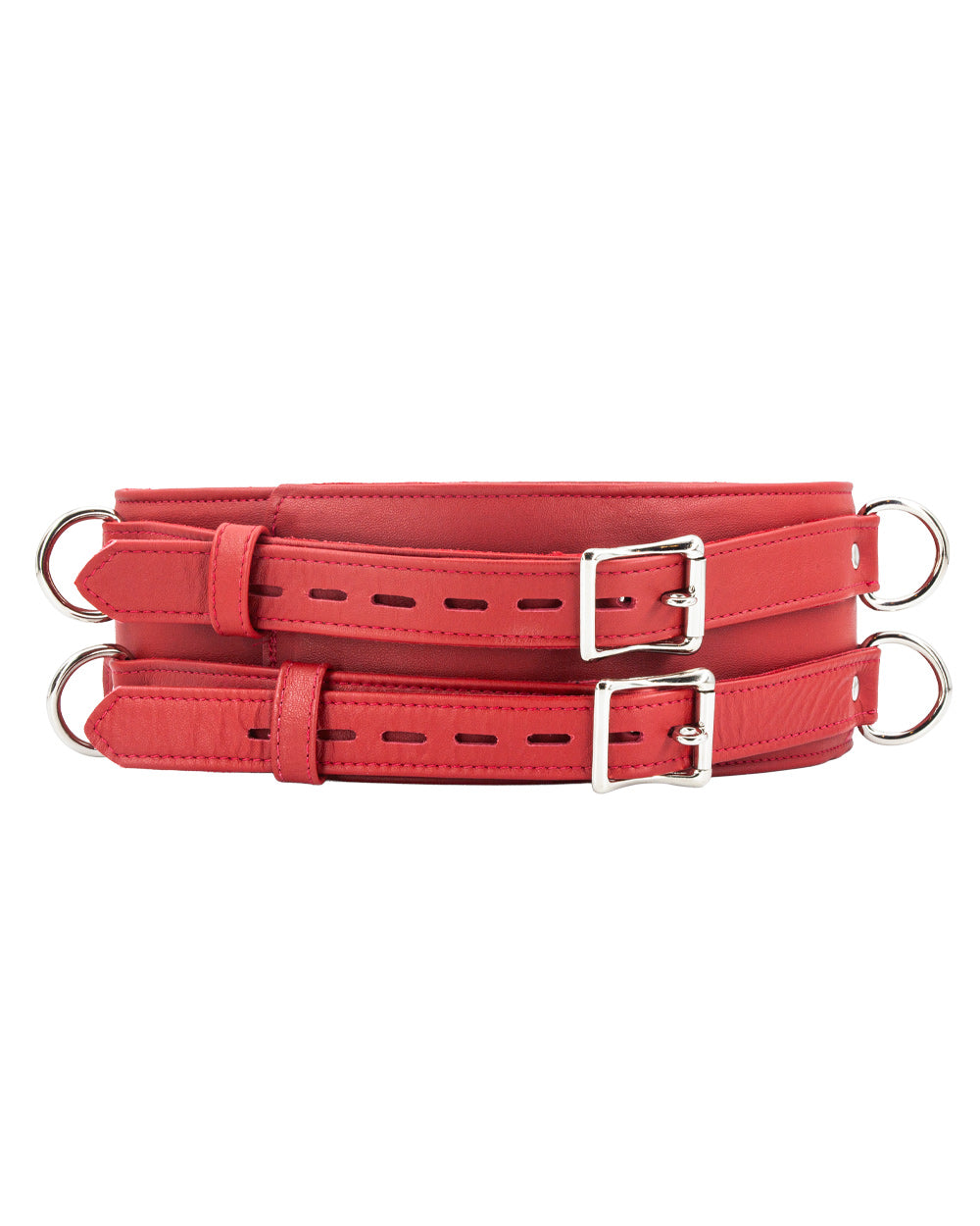 A red Premium Garment Leather Locking Waist Cuff is shown from the front against a blank background. The back of the cuff has two D-rings next to each other, centered in the middle of the cuff.
