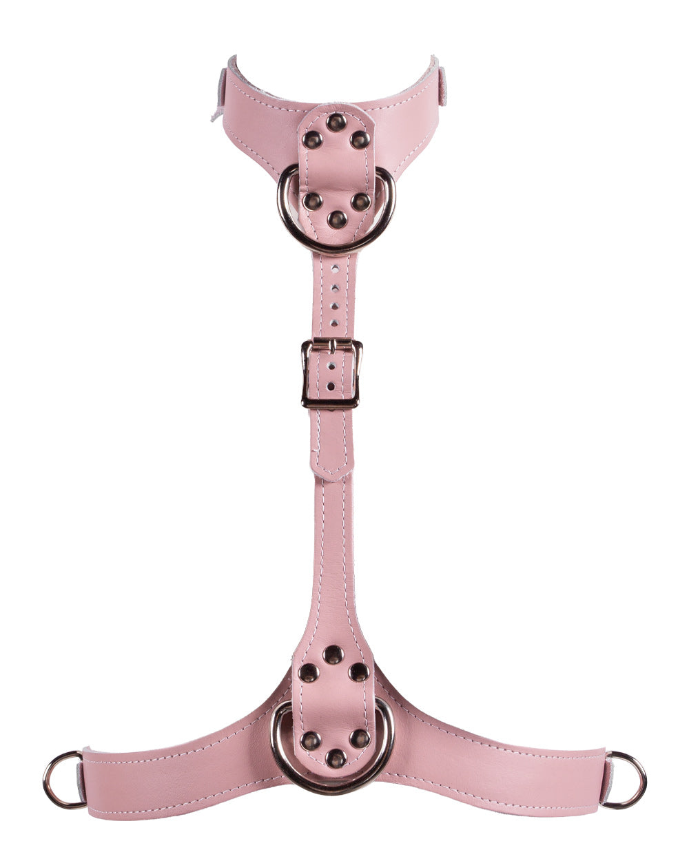Pink leather harness with metal rings on a white background