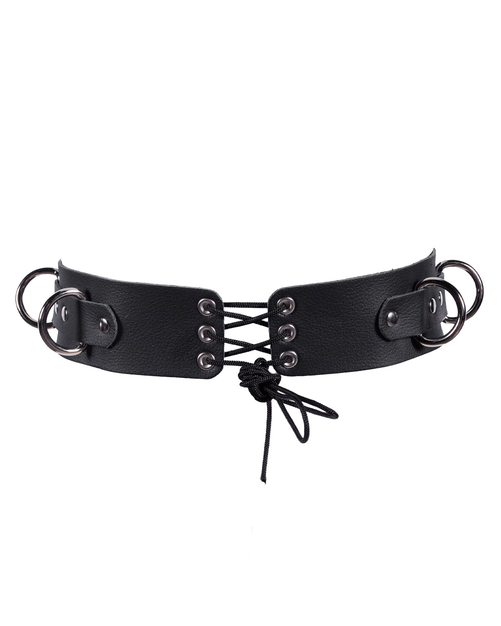 The back of the black leather harness with metal buckles on a white background