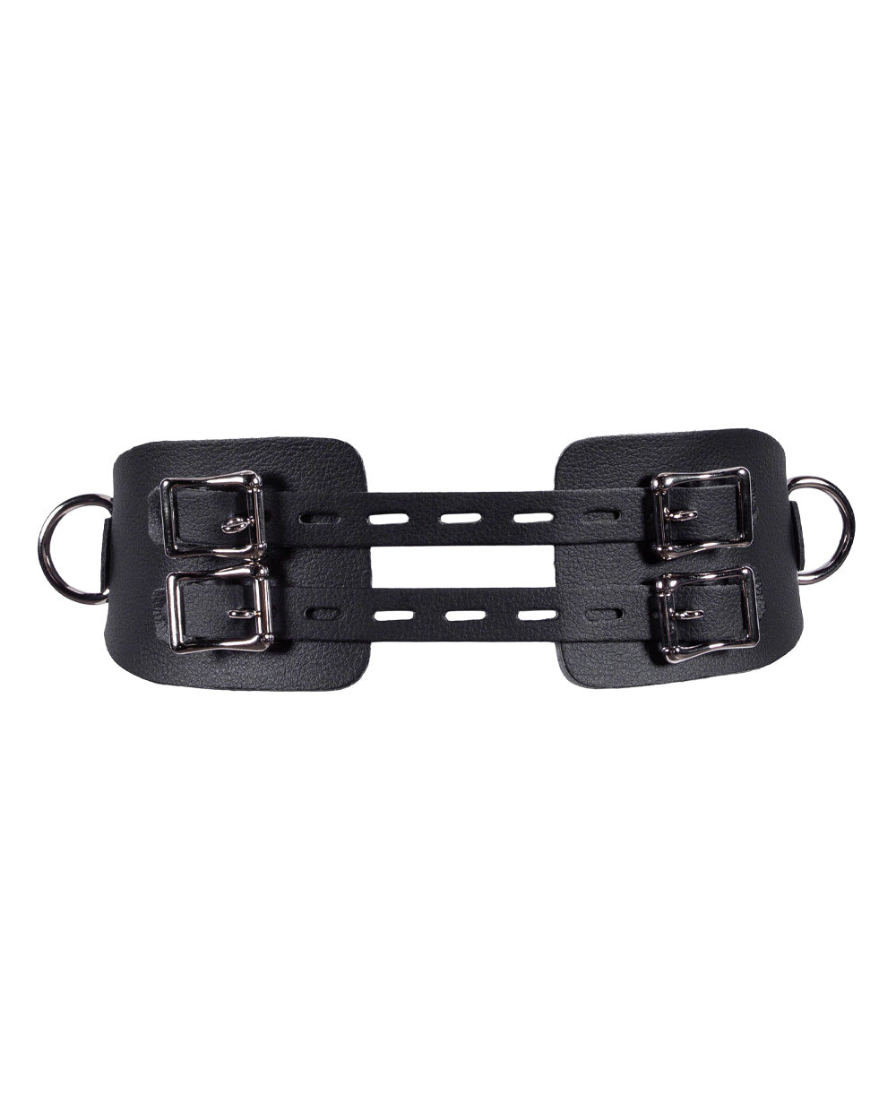 Black leather harness with metal buckles on a white background