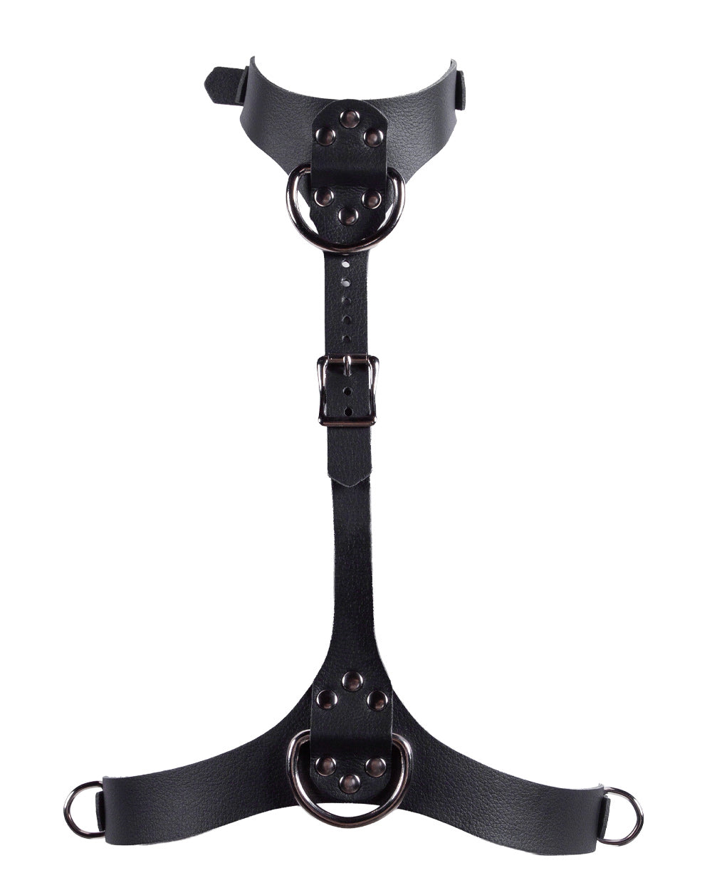 Black leather harness with metal rings on a white background