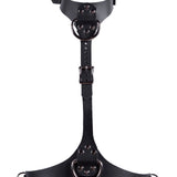 Black leather harness with metal rings on a white background