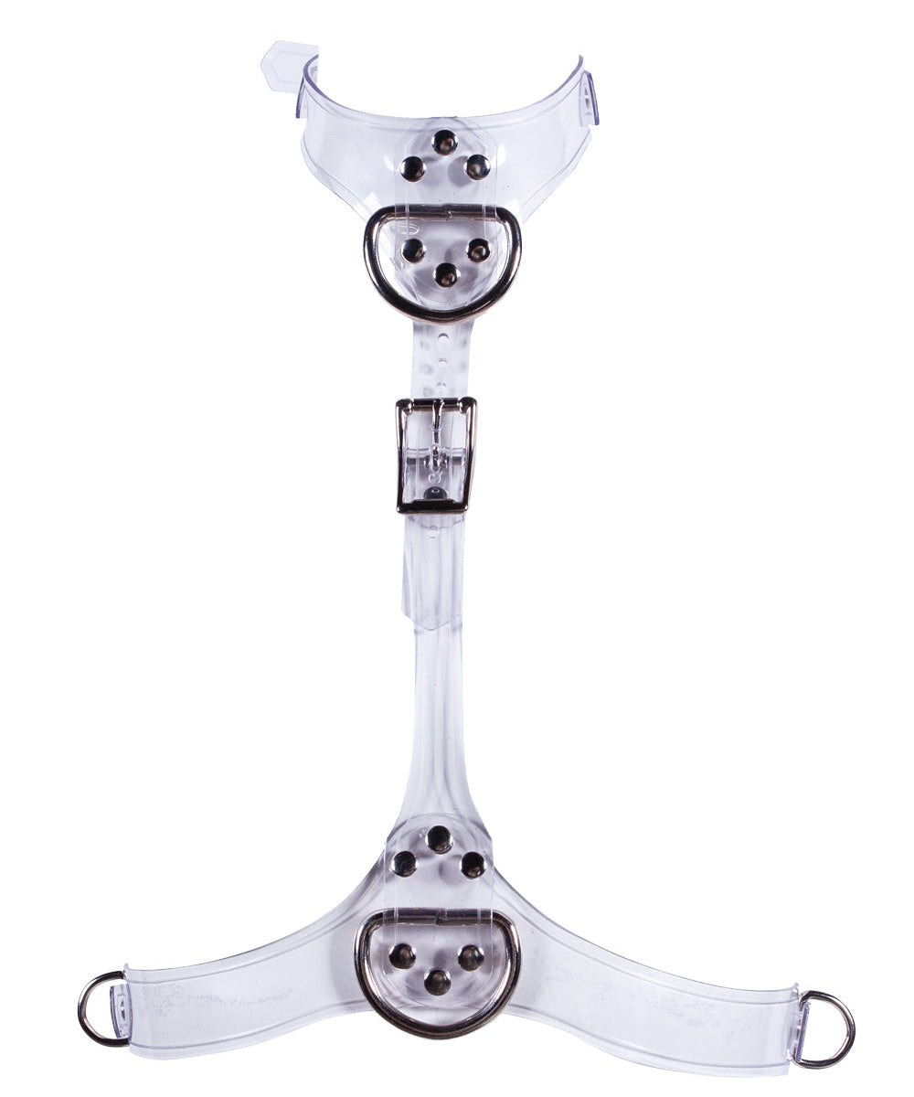 The Clear CTRL Bust Harness is shown against a blank background. It is made of clear PVC with silver hardware. The harness has a D-ring at the collar and between the breasts, as well as on the sides of the underbust band.