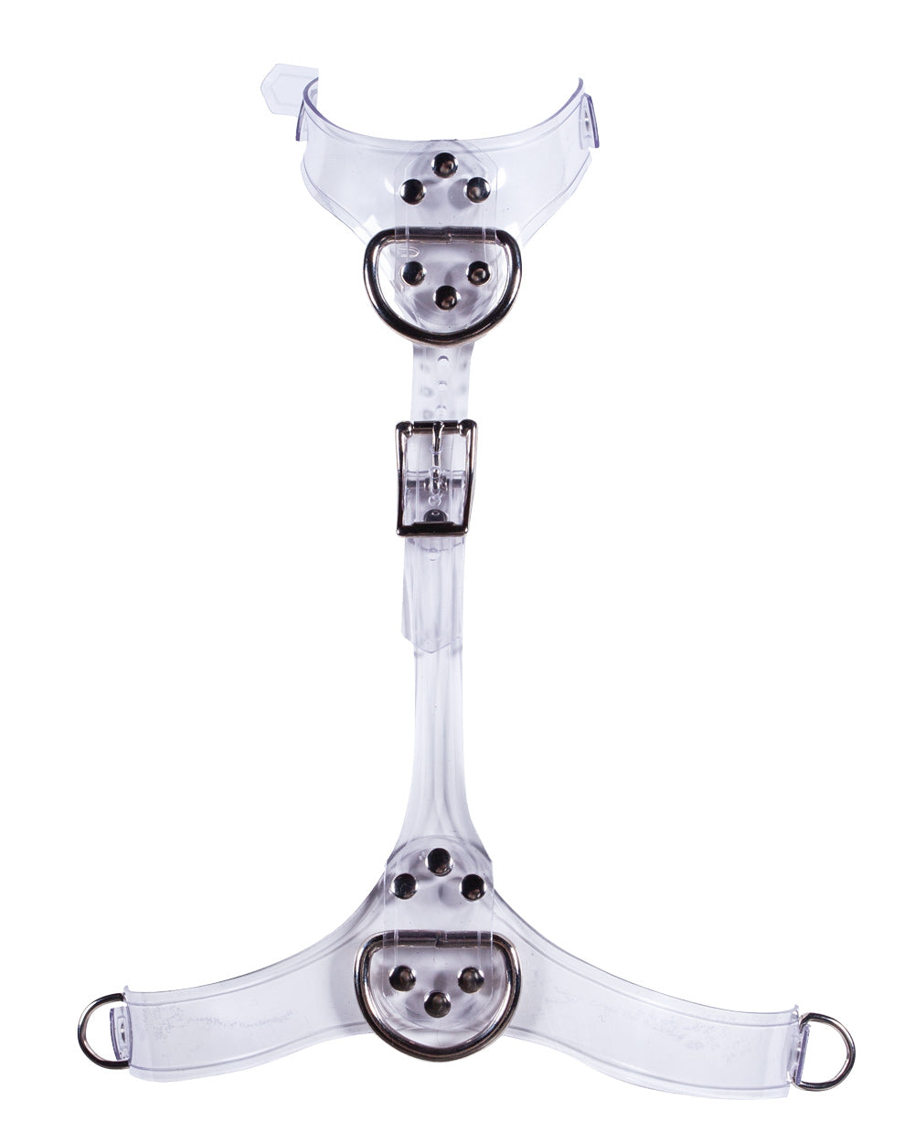 The Clear CTRL Bust Harness is shown against a blank background. It is made of clear PVC with silver hardware. The harness has a D-ring at the collar and between the breasts, as well as on the sides of the underbust band.