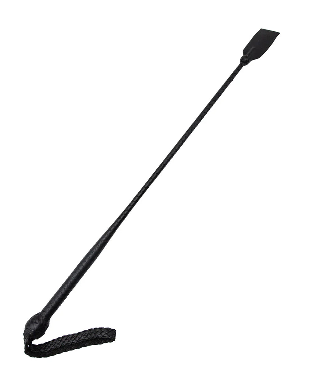 Black leather whip with a long handle on a white background