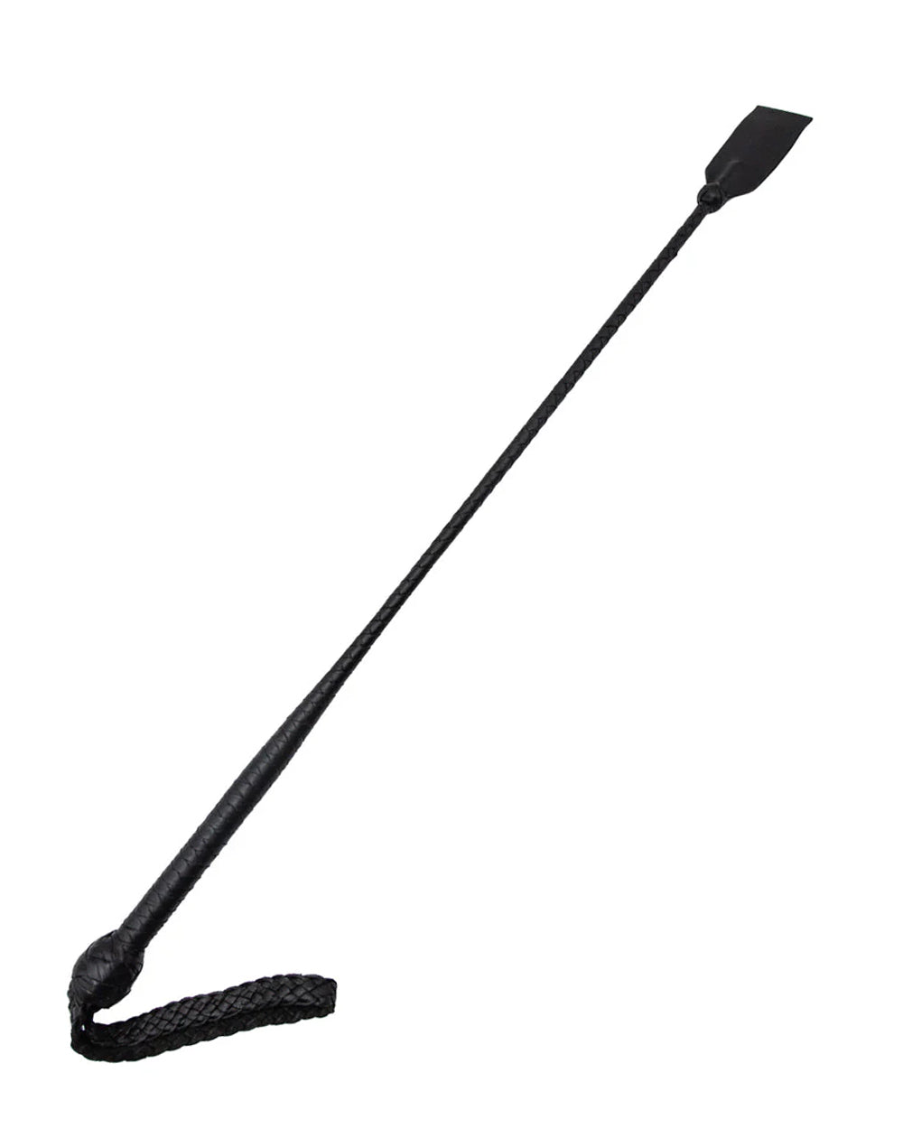 Black leather whip with a long handle on a white background